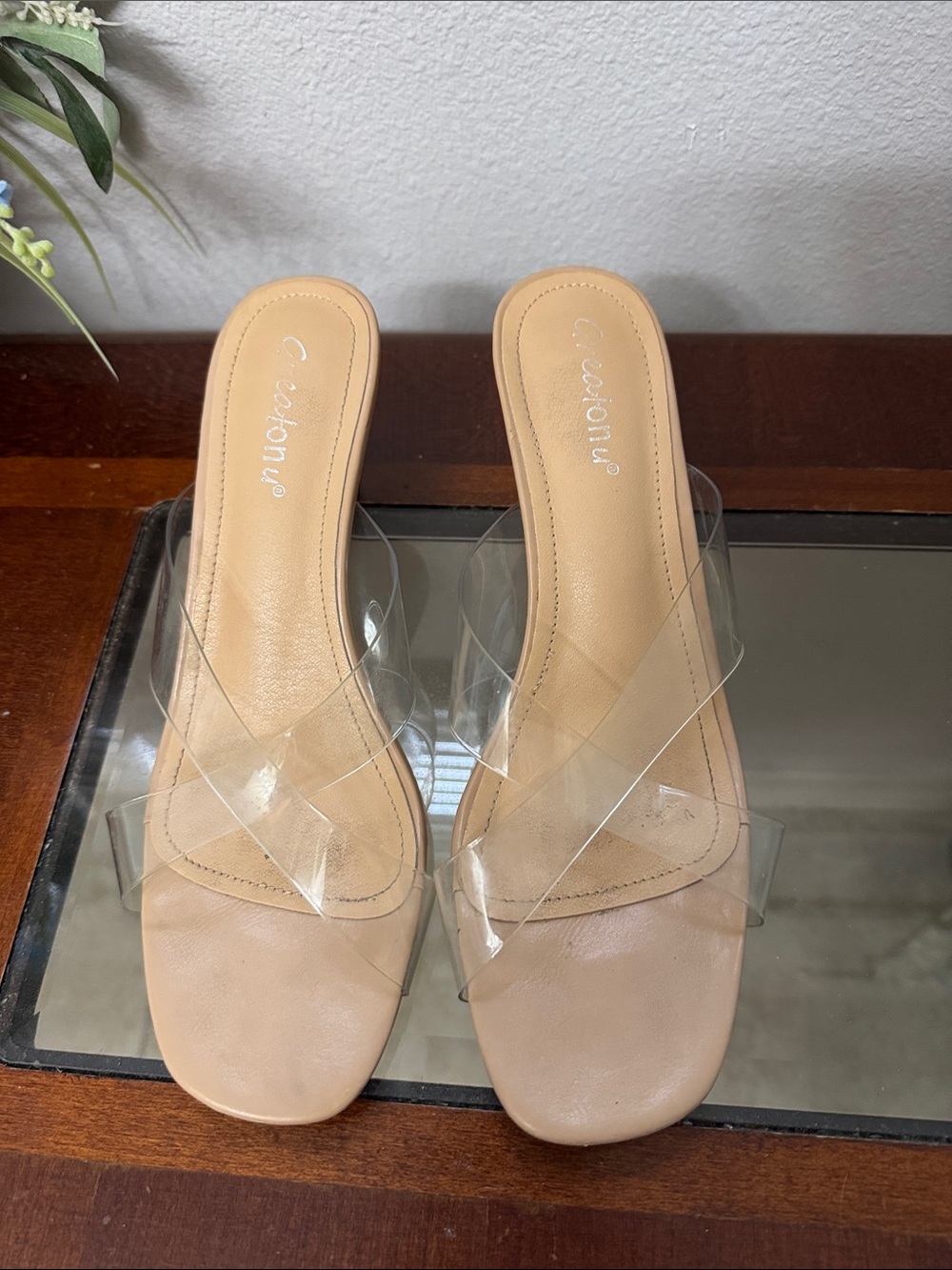 Topshop Beige Nude Mules with Clear Cross Straps